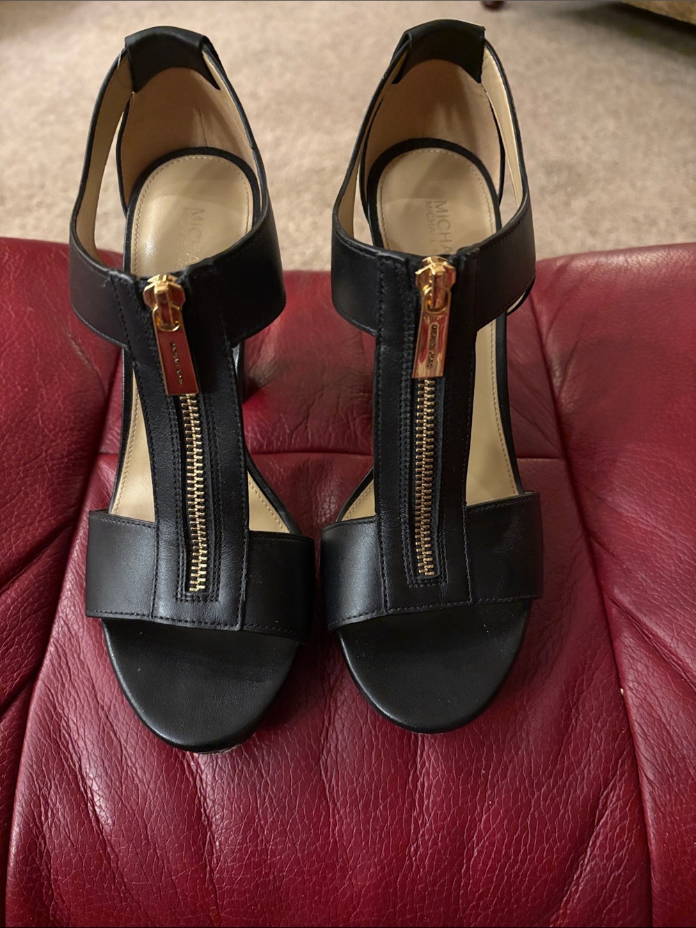 Michael Kors Black Leather T-Strap Heels with Gold Zipper Accent 7.5 M
